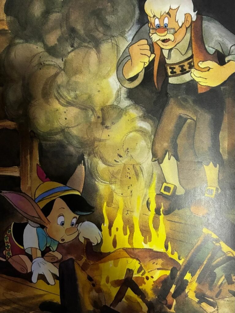 Ilustração de Pinóquio, com orelhas de burro, junto a uma fogueira cheia de fumaça, com Gepeto em pé ao lado