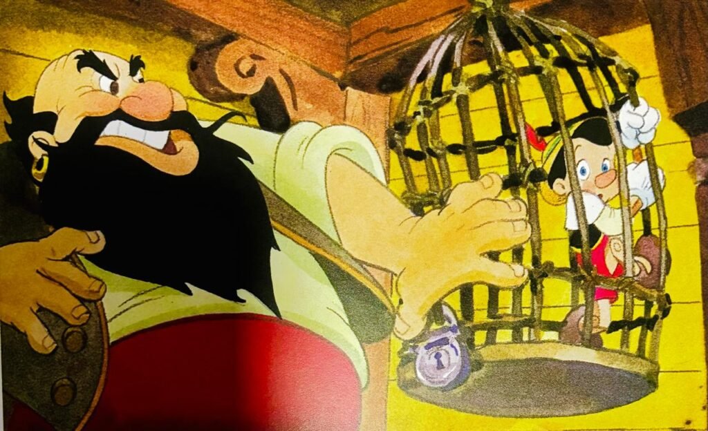 Ilustração de Pinóquio preso em uma gaiola trancada com cadeado, observado por Stromboli, homem barbudo e zangado